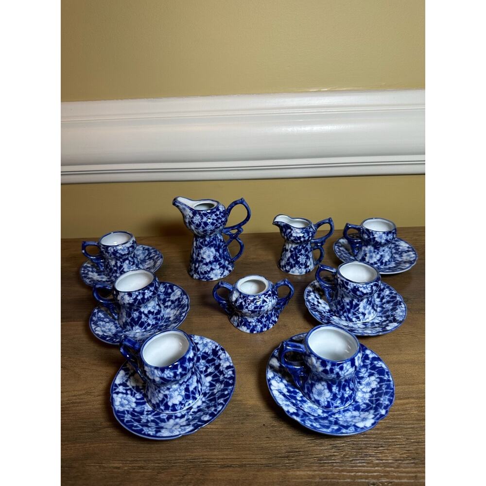 Victoria Ware Stoneware Small Tea Cups Saucers Sugar Creamer Cobalt Flue Floral